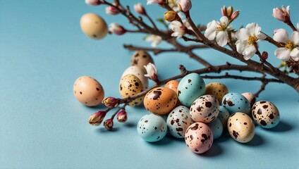 colorful small quail eggs with flowering branches on a light blue background - easter card background - spring design element - generative ai