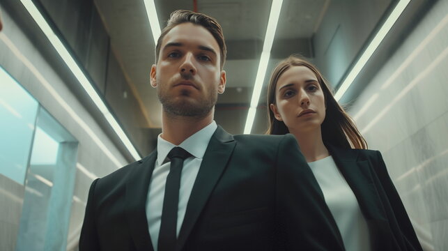 Two young businesspeople, a man and a woman in neat suits, are standing in a hallway, looking down at the camera with expressionless faces. Upward shot, Low angle shot.