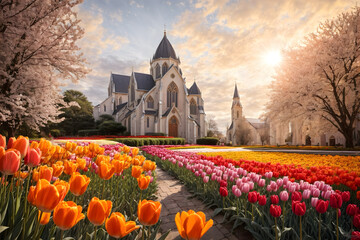 Tulips blooming with a church background - obrazy, fototapety, plakaty