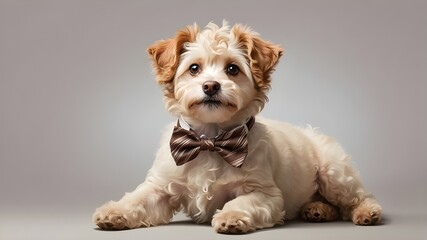 A playful little dog with a curly coat, a mix of Maltese and poodle breeds, wearing a cute brown and white bowtie, captured in a detailed, visually descriptive rendering.