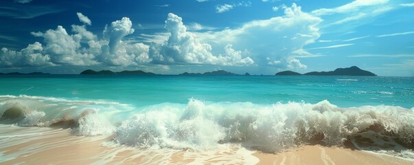 Tropical beach with crashing waves and clear sky - obrazy, fototapety, plakaty