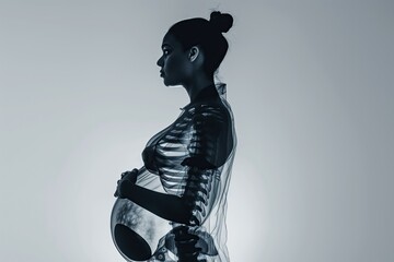 Pregnant woman's body x-rayed. Pregnant female silhouette. Medicine. Screening. Pregnancy. Gravid female. Baby bump. Expectant. A visible belly and a skeleton of a pregnant lady on X-ray photograph - obrazy, fototapety, plakaty