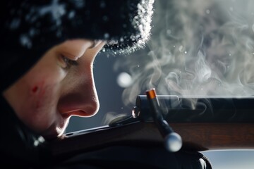 closeup of biathletes face aiming rifle, breath visible in cold air - obrazy, fototapety, plakaty