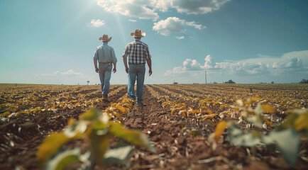 A farmers are walking forward with shovels at farmland. Generative AI. - obrazy, fototapety, plakaty