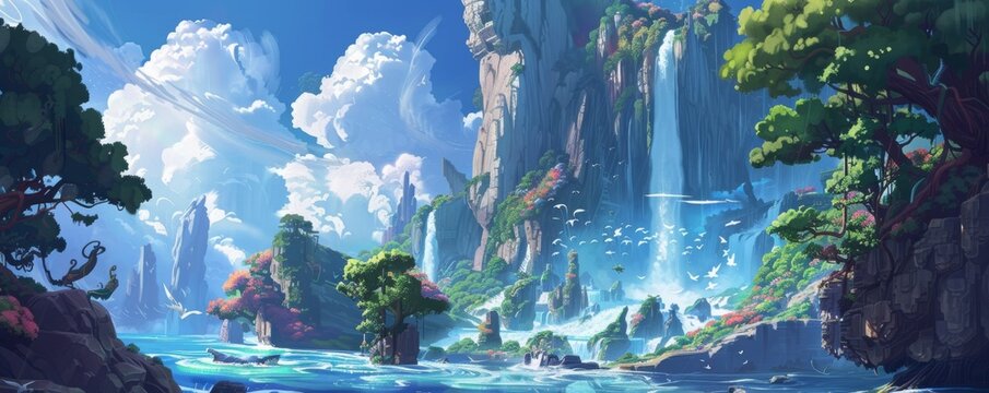 Fantasy landscape with waterfalls and flying birds