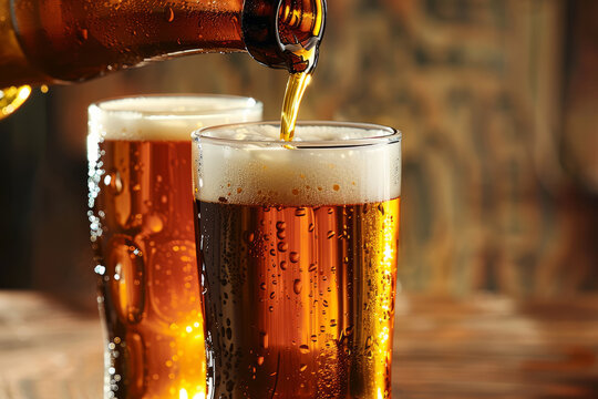 a bottle of beer poured intro a two glass. The atmosphere is relaxed and casual. Concept of enjoyment and camaraderie. a bottle of beer being poured into a pint