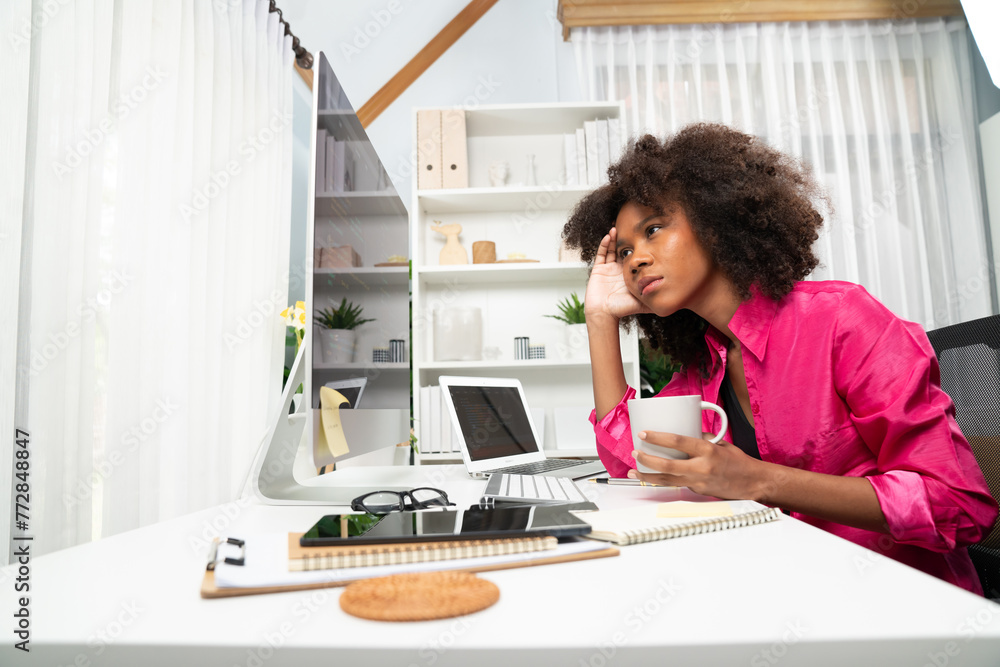 Poster young working african woman creating coding website developer, thinking data information designer at