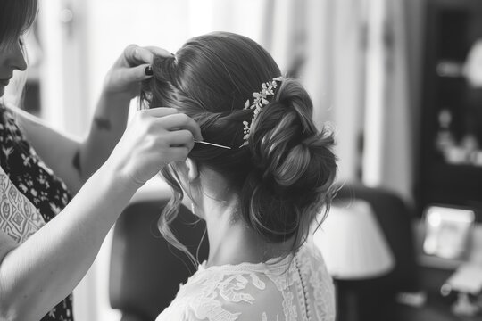 stylist pinning up brides hairdo