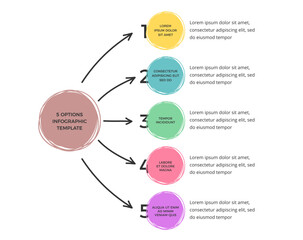 Minimal infographic template with main circle and five elements for your text, hand drawn circles and arrows, vector eps10 illustration