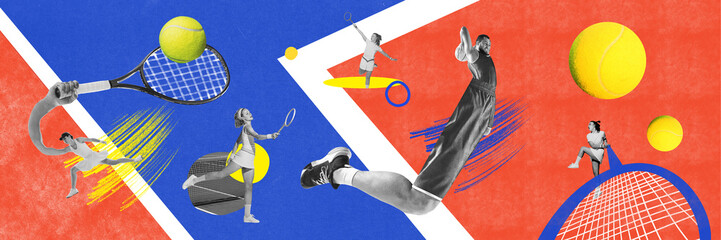Banner. Contemporary art collage. Tennis and basketball. Creative artwork young athletic female and male sportsman training. Concept of sport, individual and team games, championship. Ad