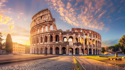 The Colosseum of Rome, Italy, sunset, light purple and orange, sky blue and silver - Generative AI - obrazy, fototapety, plakaty