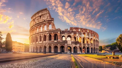 Fotobehang The Colosseum of Rome, Italy, sunset, light purple and orange, sky blue and silver - Generative AI © seogi