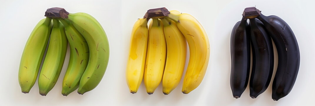 Three bunches of bananas in a row, green, yellow and black, illustrating the progression of ripening, on a white background. Flat lay, Top view. Food concept. Generative AI