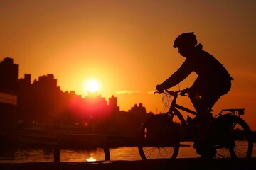 silhouette of a cyclist during a city sunset