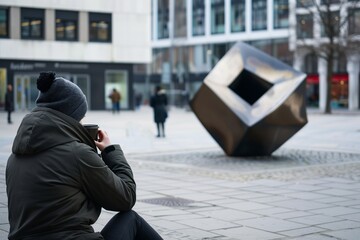 person sipping coffee on a square facing modern art sculpture