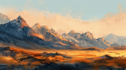 Digital painting of a mountainous landscape at dusk