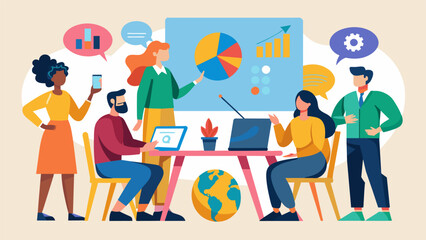 A team of experts from various fields such as economics technology and art history gathered around a table discussing the impact of global