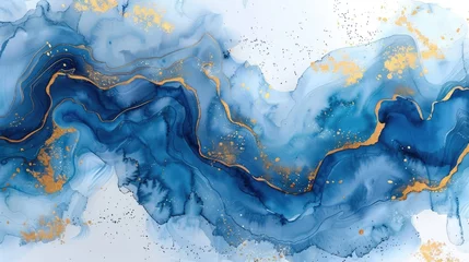 Abstract blue marble with gold lines watercolor texture