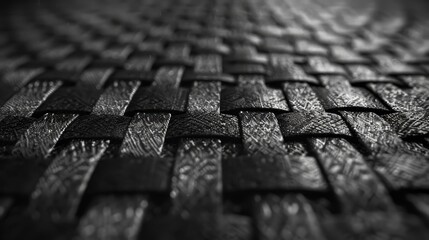 A close up of a black woven fabric with a shiny surface. The image has a moody and mysterious feel to it, as the black color and the shiny surface create a sense of depth and texture - obrazy, fototapety, plakaty