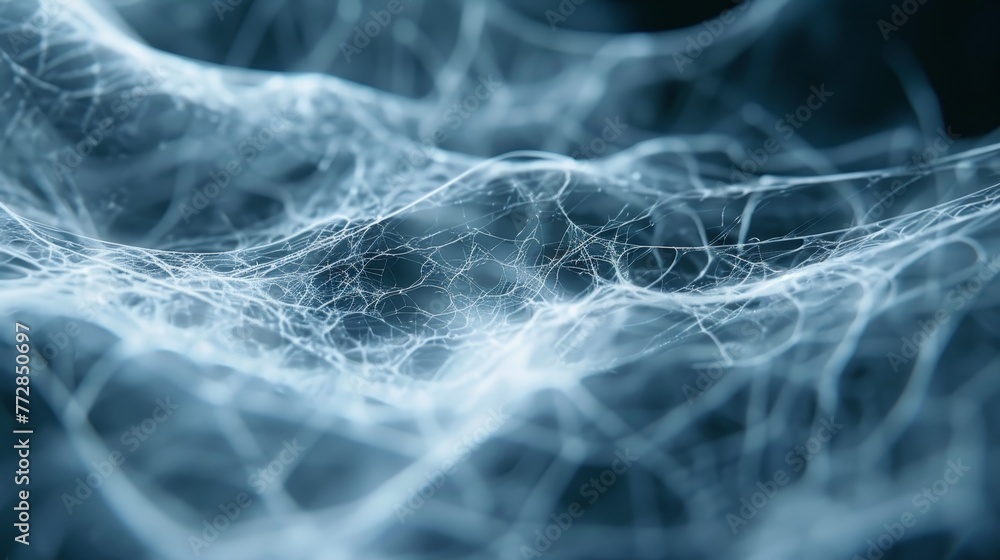 Poster a blue and white image of a web of lines and dots. the image is abstract and has a futuristic feel t