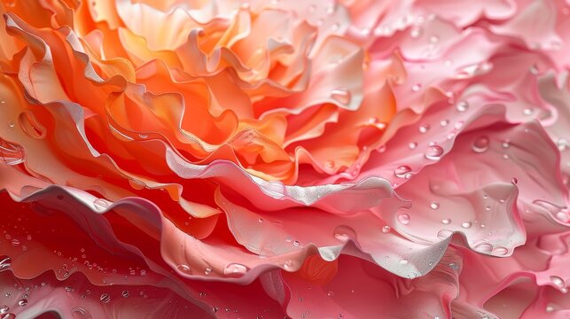 A close up of a pink flower with a water droplet on it. The flower is very detailed and has a lot of texture. The water droplet adds a sense of freshness and life to the image