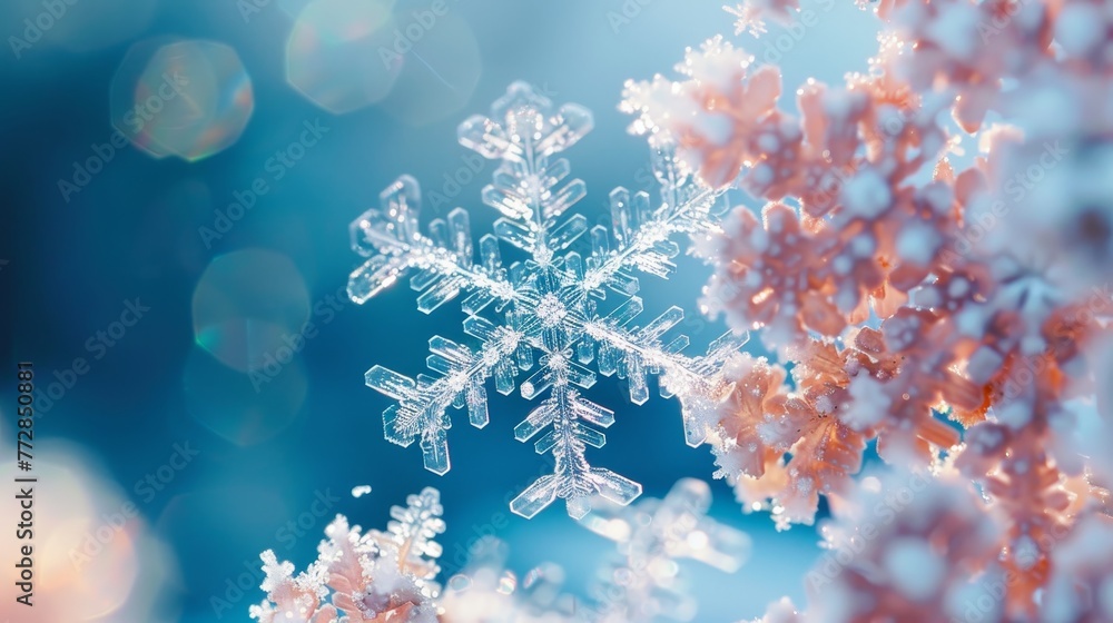 Aufkleber a snowflake is on a branch of a tree. the snowflake is surrounded by a blue sky