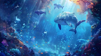 Dolphins Gracefully Swimming in a Vibrant Underwater Coral Reef with Volcanic Formations