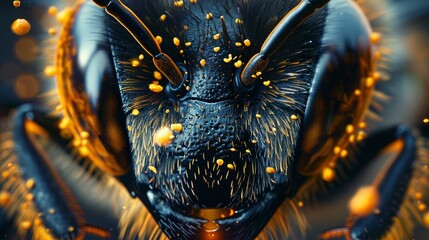 A close up of a bee's face with a lot of yellow specks on it. The bee's face is very detailed and the yellow specks give it a somewhat creepy or menacing appearance