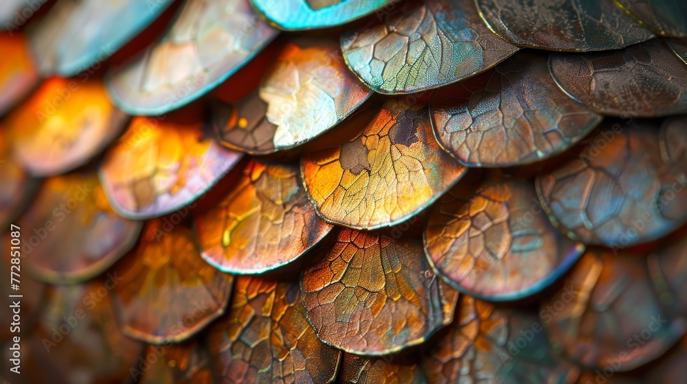 Poster a close up of a leaf with a metallic texture. the leaf has a unique pattern that resembles a dragon'