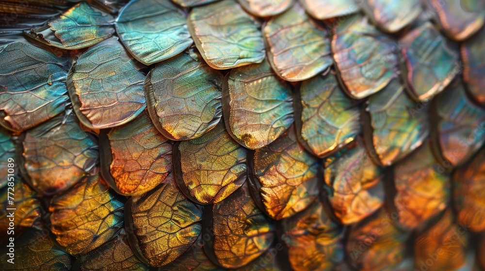 Poster a colorful fish tail with a metallic sheen. the tail is made up of many small, overlapping scales th