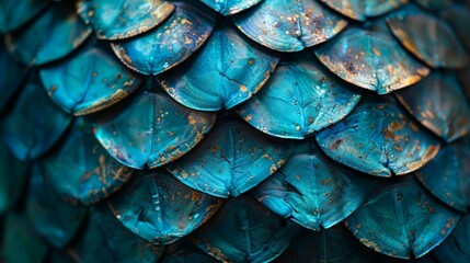A blue and gold leafy pattern that resembles a dragon's tail. The colors are vibrant and the pattern is intricate, giving the impression of a fantastical creature. Concept of wonder and imagination