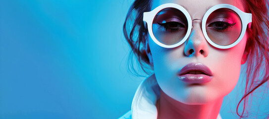 A woman wearing white sunglasses with a blue background. The sunglasses are on her face and she has...