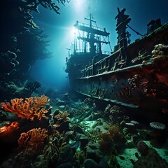 sunken ship wreck resting on the ocean floor