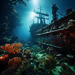 Naklejka premium sunken ship wreck resting on the ocean floor