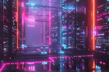 Futuristic data center with glowing server racks and fiber optic cables, digital art - obrazy, fototapety, plakaty