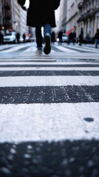 Pedestrian crossing the street from a low angle perspective