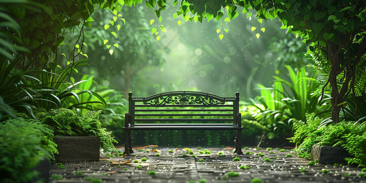 A image of an empty park bench surrounded by greenery, inviting visitors to sit and enjoy the tranquil surroundings