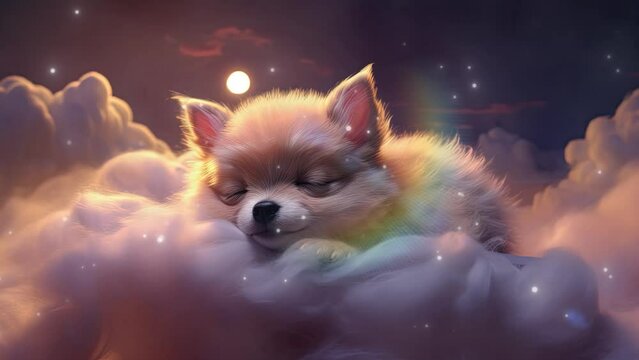 puppy sleeping in the clouds. Loop animation. Lullaby song background
