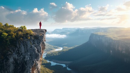Person standing on a high cliff edge with a breathtaking view of a river and mountains during...