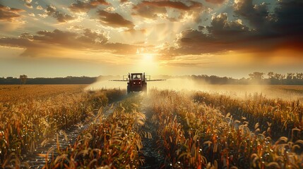 The crops were plentiful, and farmers were spraying water on their fields with water trucks....