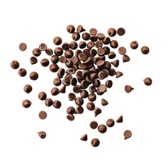 Dark chocolate chips scattered in air, chocolate chips on white background
