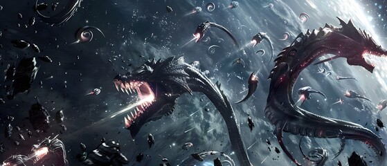 Space Dragons Unleashing Fierce Attack in Deep Sea Battle