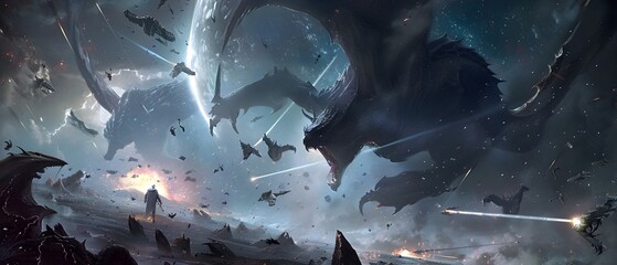 Fantasy Dragons Wage War in Space Epic Large-Scale Battle with Starships Amidst Asteroids and Ancient Ruins