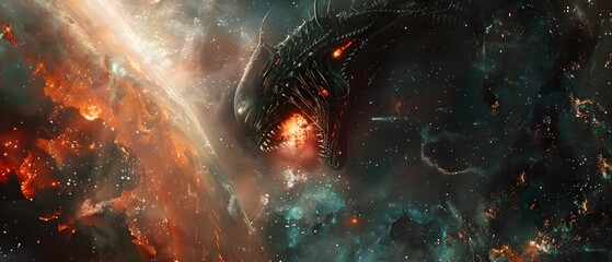 Black Dragon Emerging from Space Depths A Cosmic Horror Fantasy Illustration