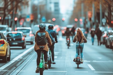 Morning traffic on a busy city street captured in bokeh with cyclists and cars, highlighting urban...
