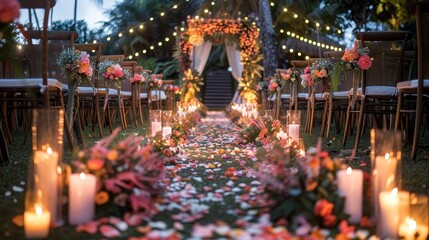 Fototapeta premium A wedding ceremony is taking place in a garden with a long aisle of chairs and a white arch. The chairs are arranged in rows, and the aisle is lined with flowers and candles