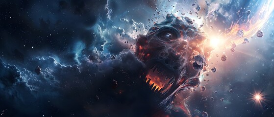 Dark Fantasy Illustration Angry Monster of Space Nebula Material Emerges from Universe