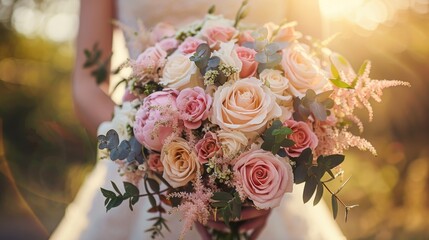 A woman is holding a bouquet of flowers, which includes pink and white roses. The bouquet is arranged in a way that makes it look like a wedding bouquet. The flowers are in full bloom