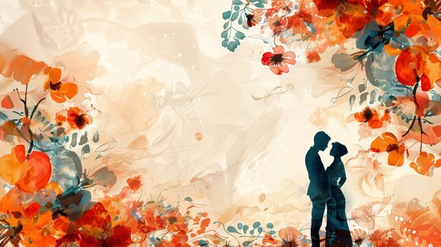 A couple is kissing in a field of flowers. The flowers are orange and the background is a light color