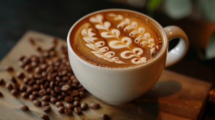 A cup of coffee with a design on it and a pile of coffee beans next to it. The coffee beans are scattered around the cup, creating a cozy and inviting atmosphere